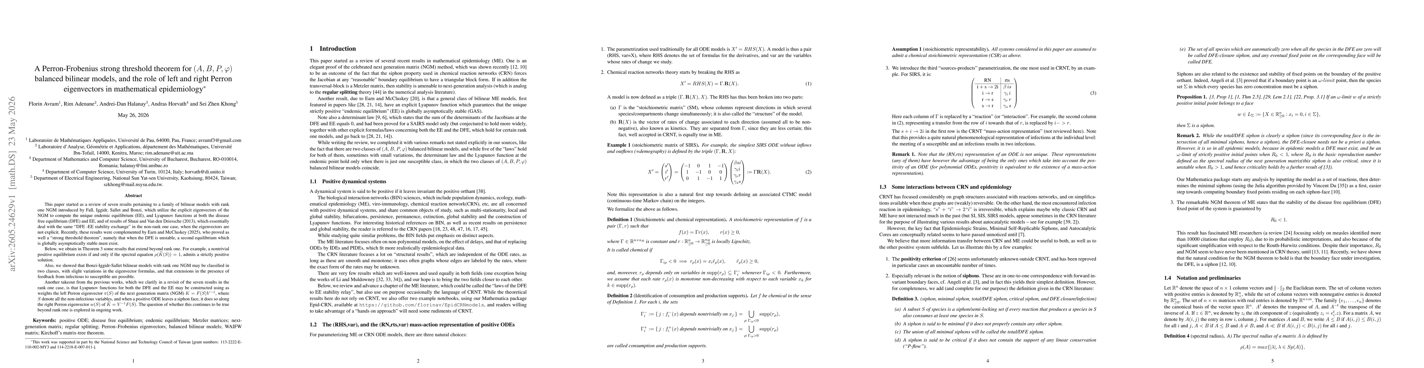 Thumbnail for A Perron-Frobenius strong threshold theorem for (A, B, P, φ) balanced bilinear models, and the role of left and right Perron eigenvectors in mathematical epidemiology