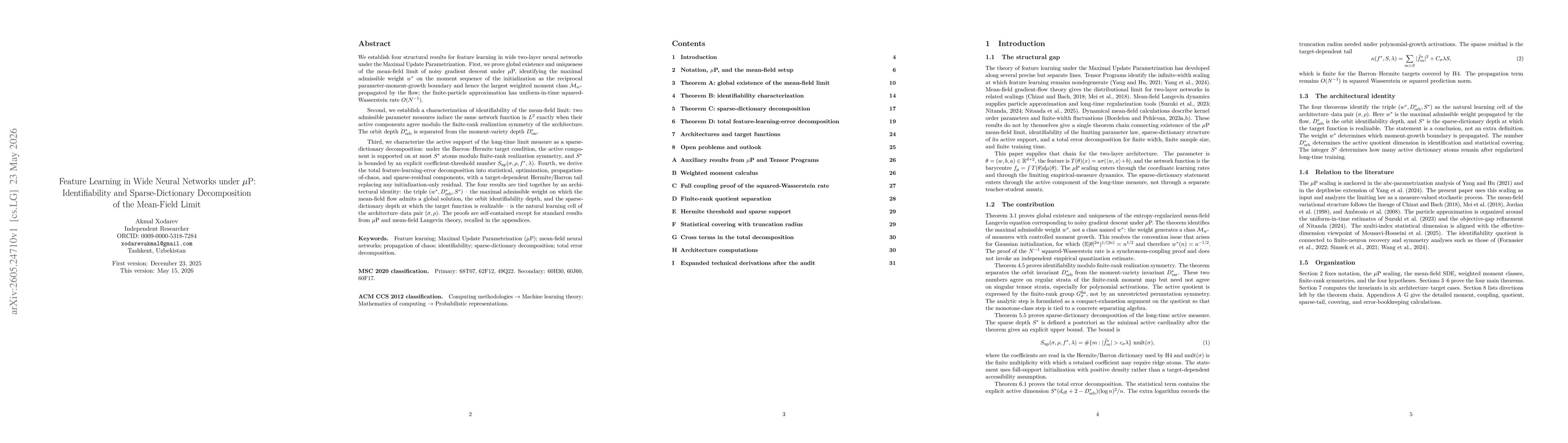 Thumbnail for Feature Learning in Wide Neural Networks under $μ$P: Identifiability and Sparse-Dictionary Decomposition of the Mean-Field Limit