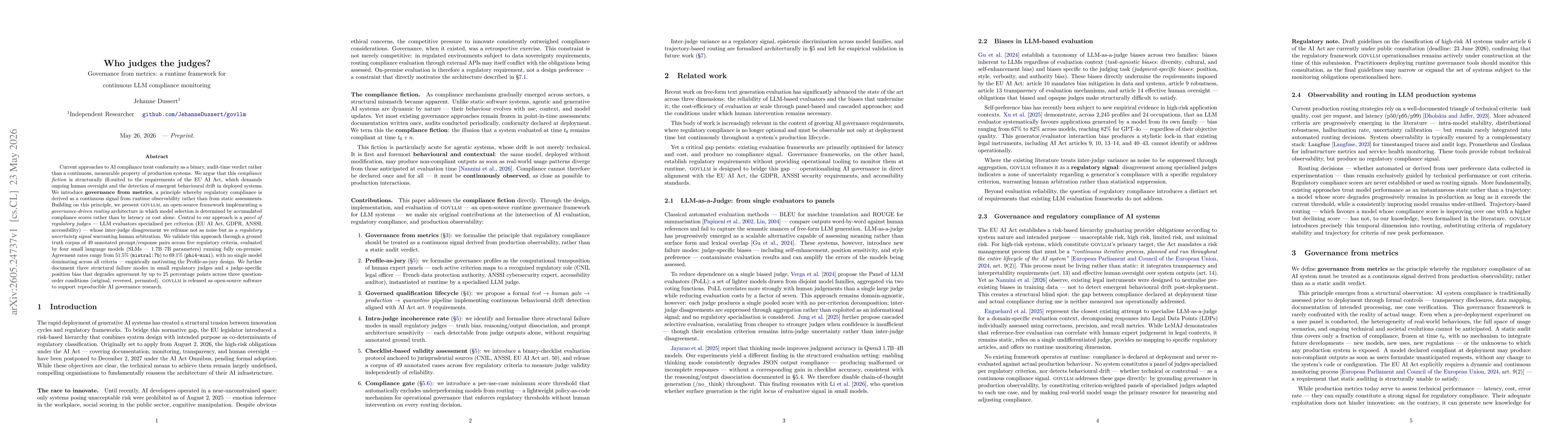 Thumbnail for Who judges the judges? Governance from metrics: a runtime framework for continuous LLM compliance monitoring