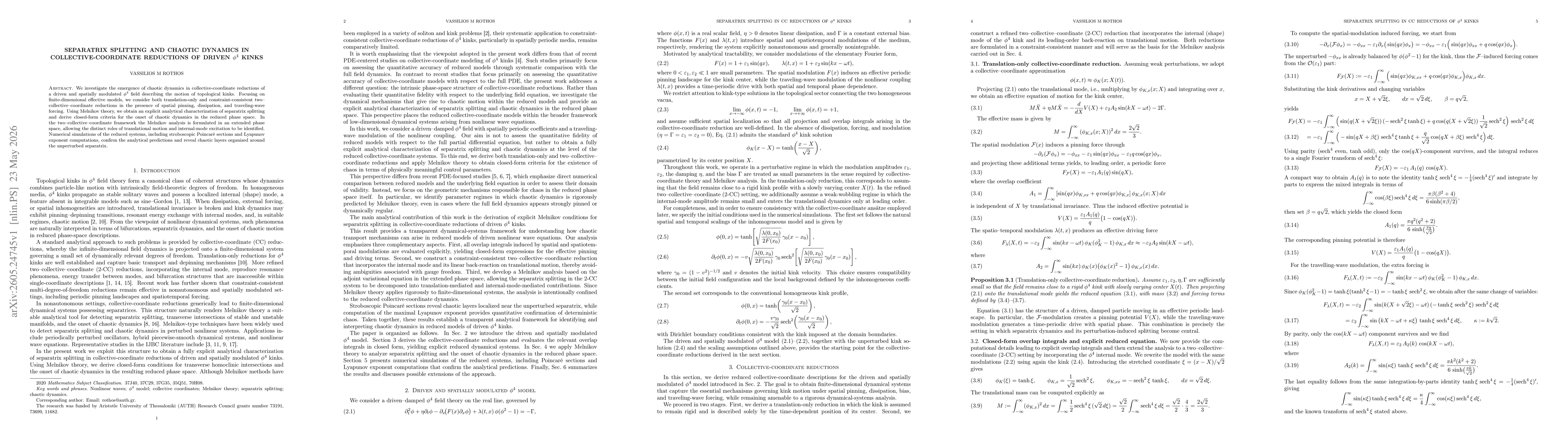 Thumbnail for Separatrix Splitting and Chaotic Dynamics in Collective-Coordinate Reductions of Driven $φ^4$ Kinks