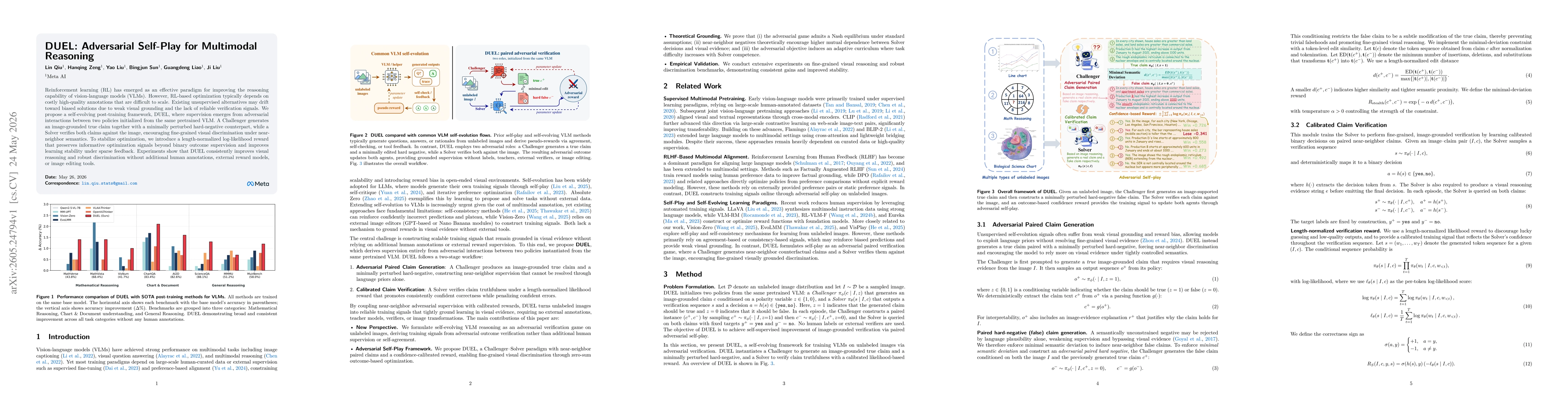 Thumbnail for DUEL: Adversarial Self-Play for Multimodal Reasoning