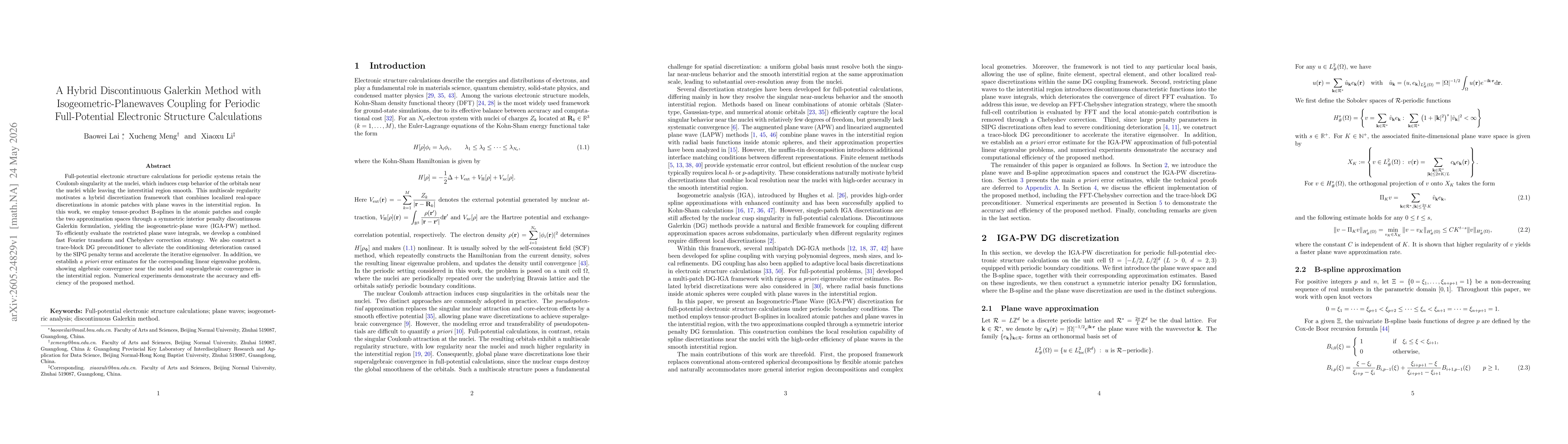 Thumbnail for A Hybrid Discontinuous Galerkin Method with Isogeometric-Planewaves Coupling for Periodic Full-Potential Electronic Structure Calculations