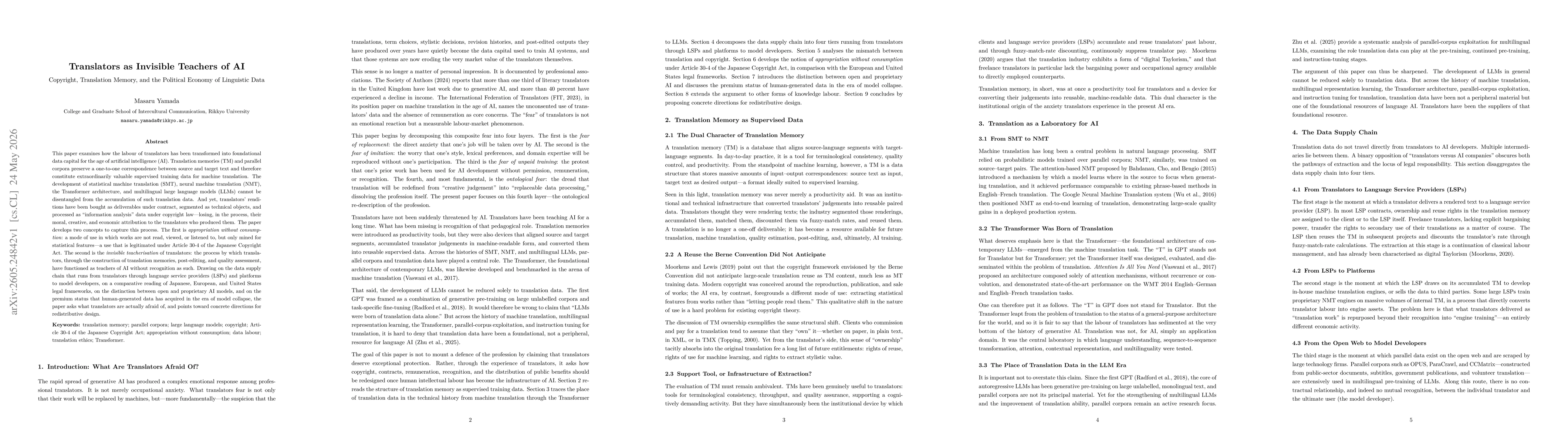 Thumbnail for Translators as Invisible Teachers of AI: Copyright, Translation Memory, and the Political Economy of Linguistic Data