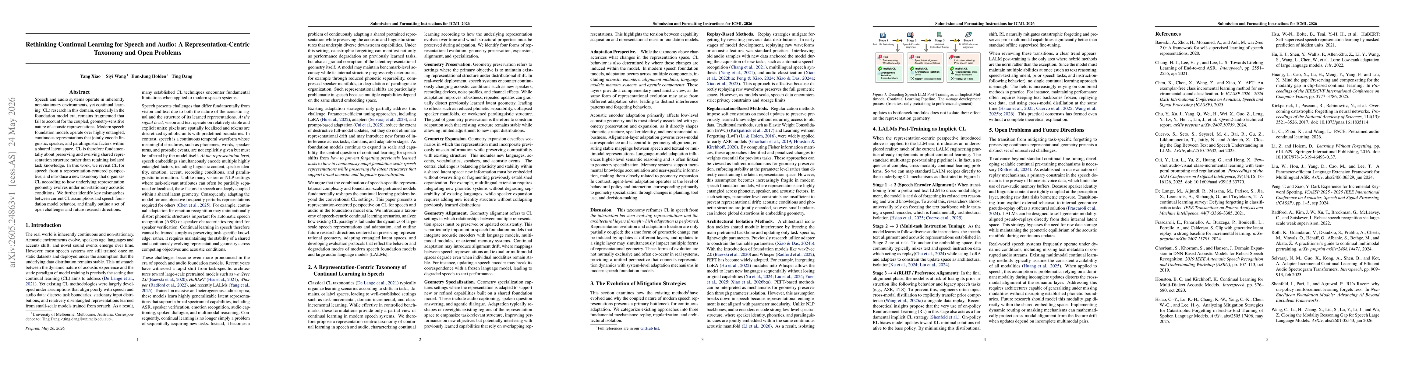 Thumbnail for Rethinking Continual Learning for Speech and Audio: A Representation-Centric Taxonomy and Open Problems
