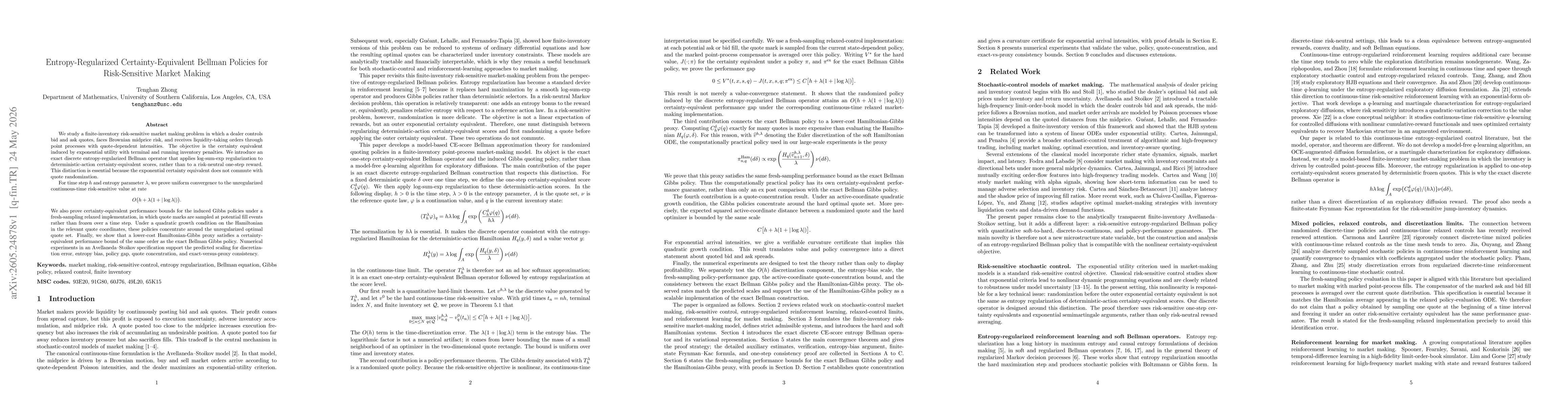 Thumbnail for Entropy-Regularized Certainty-Equivalent Bellman Policies for Risk-Sensitive Market Making