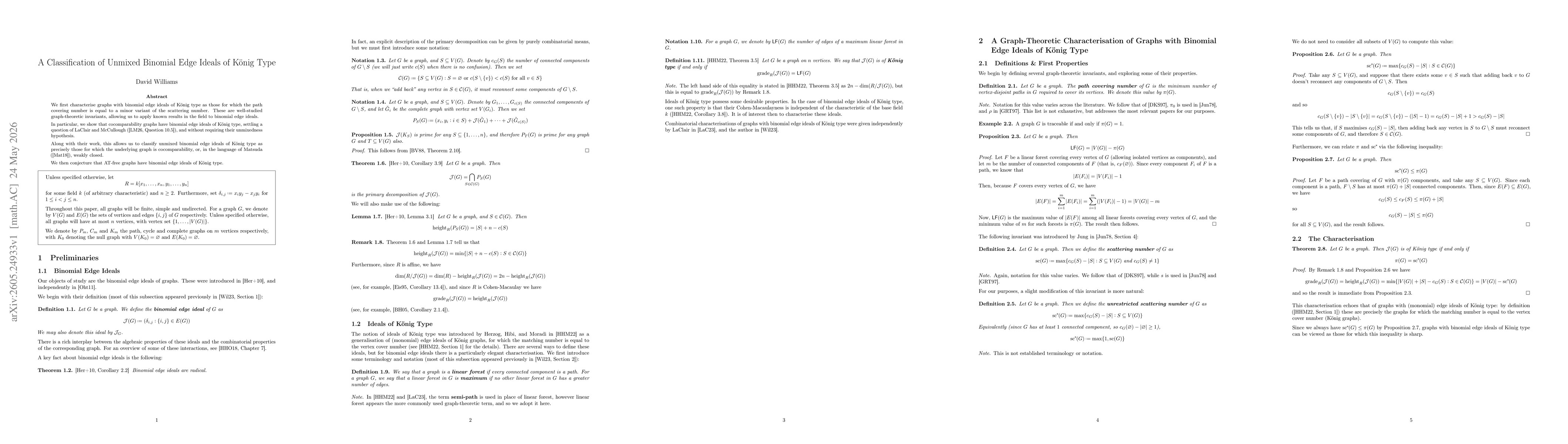 Thumbnail for A Classification of Unmixed Binomial Edge Ideals of König Type