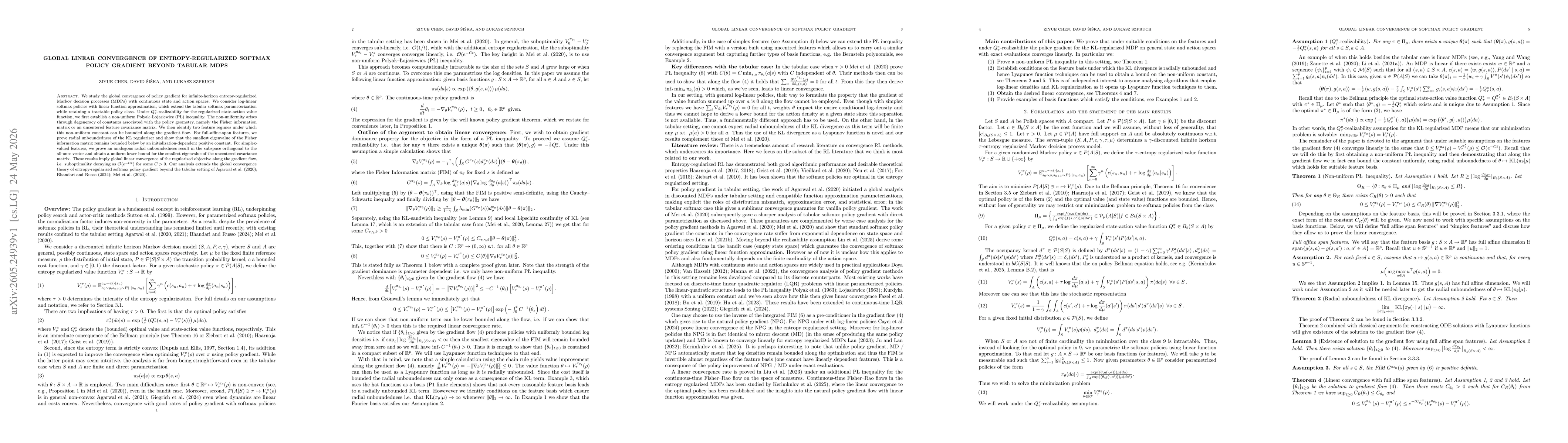 Thumbnail for Global linear convergence of entropy-regularized softmax policy gradient beyond tabular MDPs