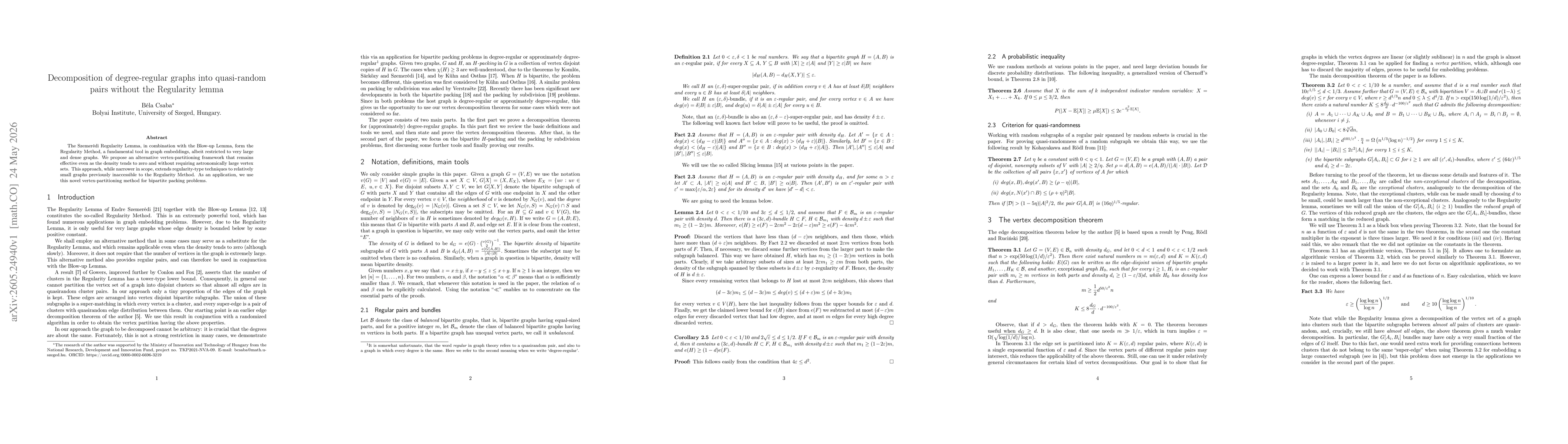 Thumbnail for Decomposition of degree-regular graphs into quasi-random pairs without the Regularity lemma
