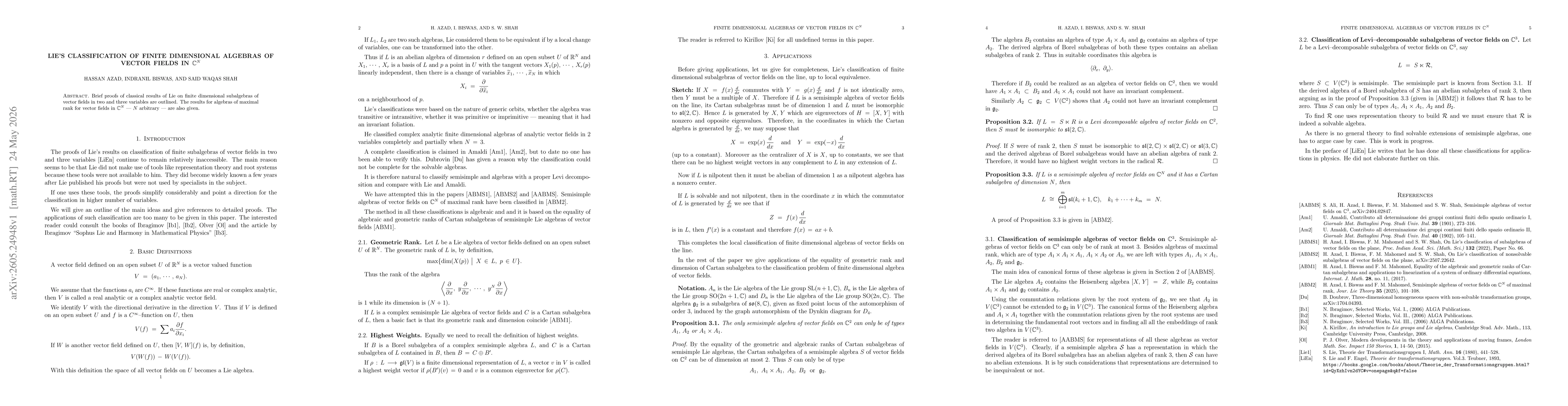 Thumbnail for Lie's classification of finite dimensional algebras of Vector Fields in C^N