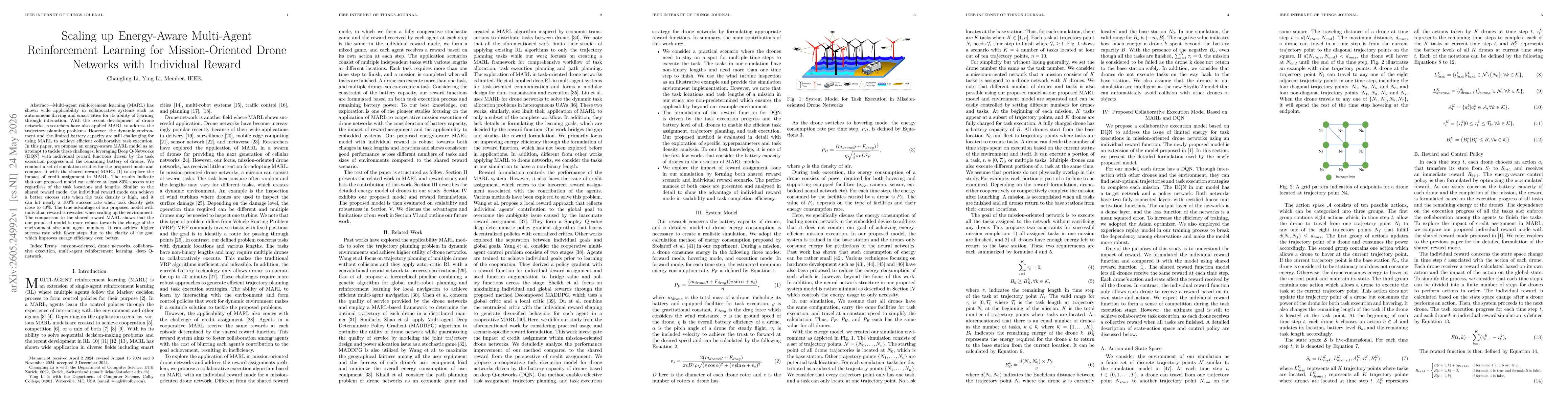 Thumbnail for Scaling up Energy-Aware Multi-Agent Reinforcement Learning for Mission-Oriented Drone Networks with Individual Reward