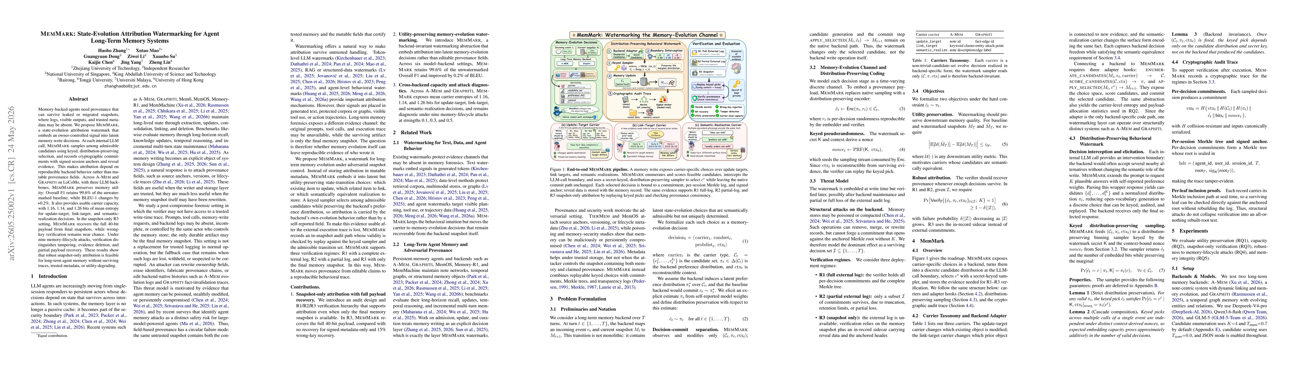 Thumbnail for MemMark: State-Evolution Attribution Watermarking for Agent Long-Term Memory Systems
