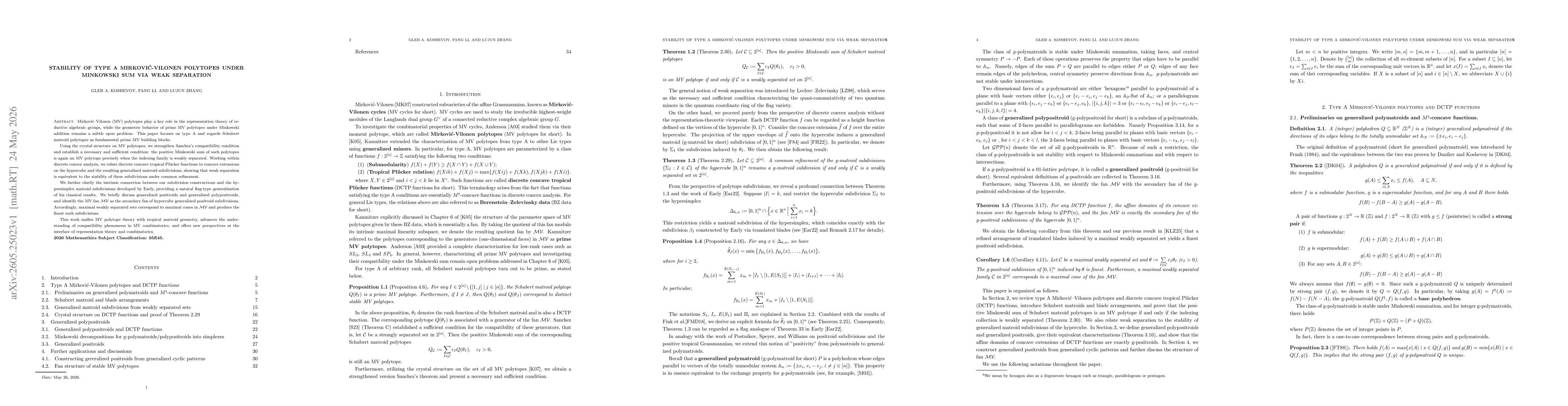 Thumbnail for Stability of Type A Mirković-Vilonen Polytopes under Minkowski Sum via Weak Separation