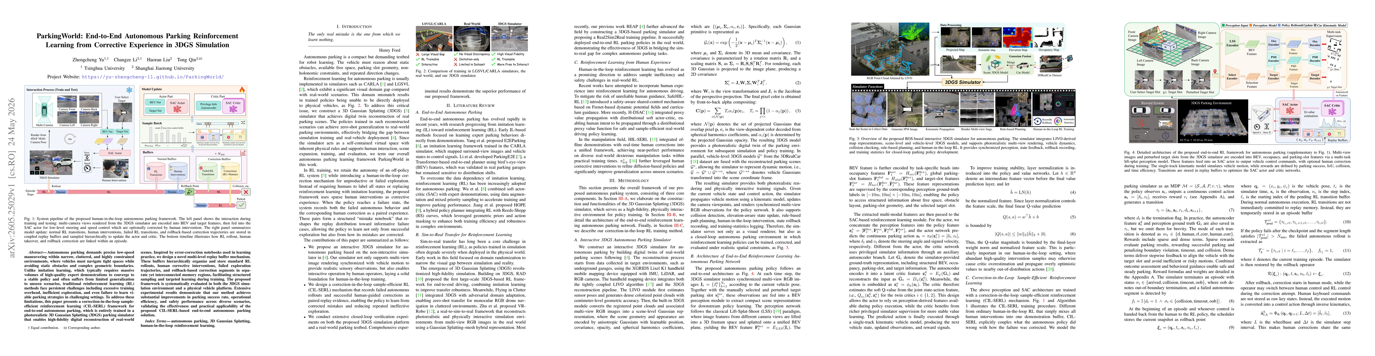 Thumbnail for ParkingWorld: End-to-End Autonomous Parking Reinforcement Learning from Corrective Experience in 3DGS Simulation