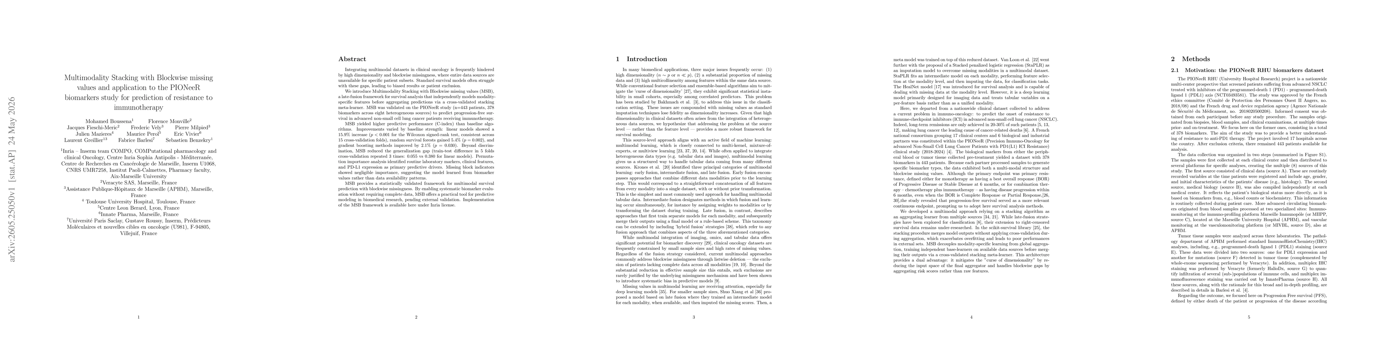 Thumbnail for Multimodality Stacking with Blockwise missing values and application to the PIONeeR biomarkers study for prediction of resistance to immunotherapy