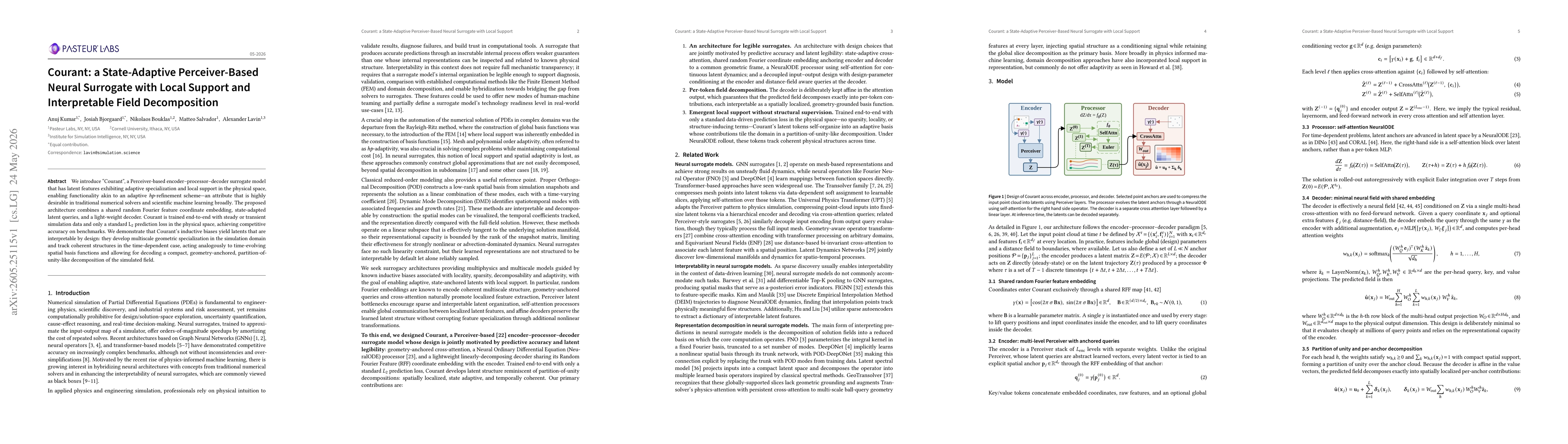 Thumbnail for Courant: a State-Adaptive Perceiver-Based Neural Surrogate with Local Support and Interpretable Field Decomposition