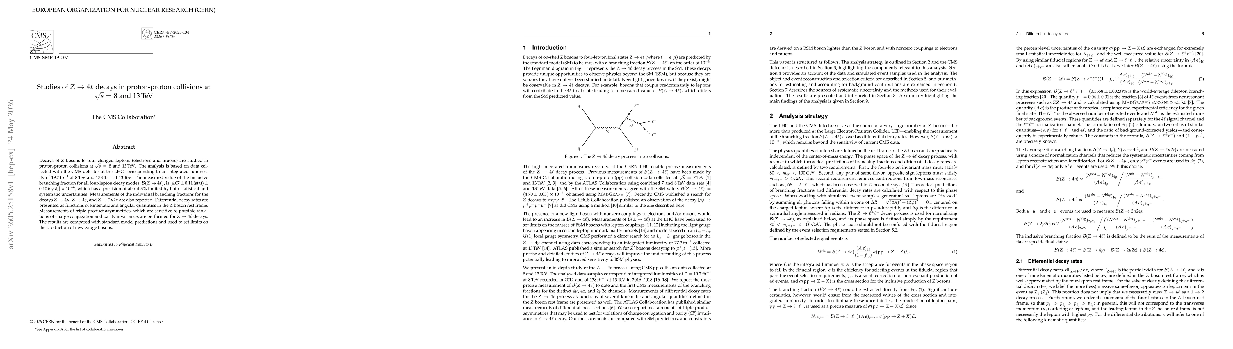 Thumbnail for Studies of Z $\to$ 4$\ell$ decays in proton-proton collisions at $\sqrt{s}$ = 8 and 13 TeV