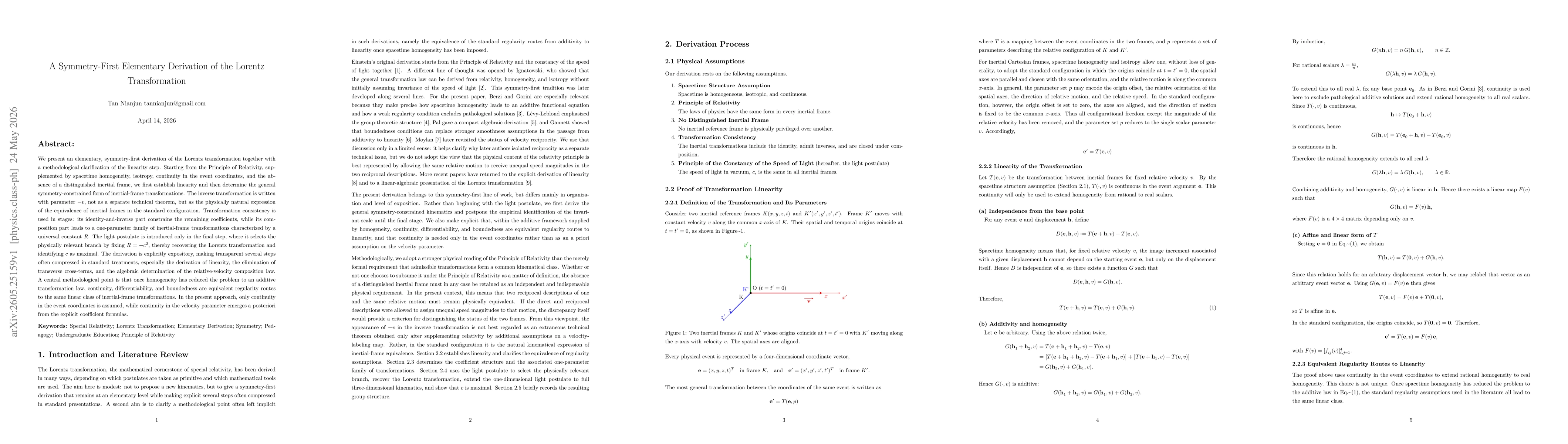 Thumbnail for A Symmetry-First Elementary Derivation of the Lorentz Transformation