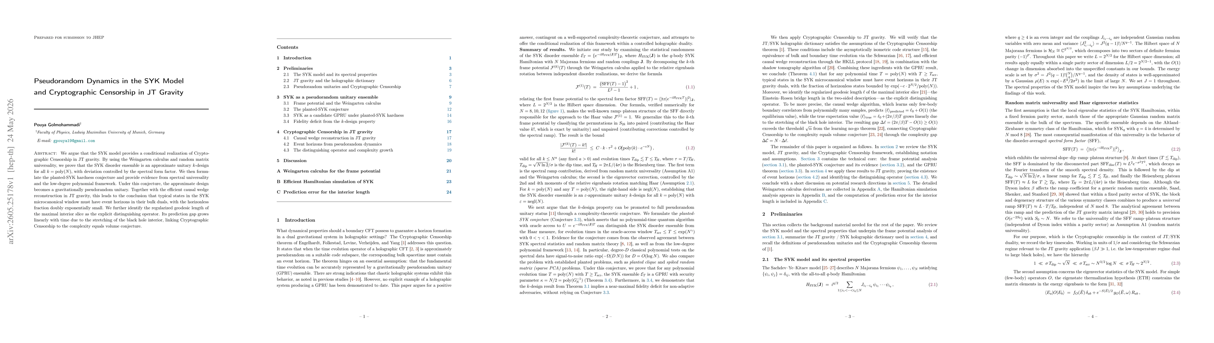 Thumbnail for Pseudorandom Dynamics in the SYK Model and Cryptographic Censorship in JT Gravity