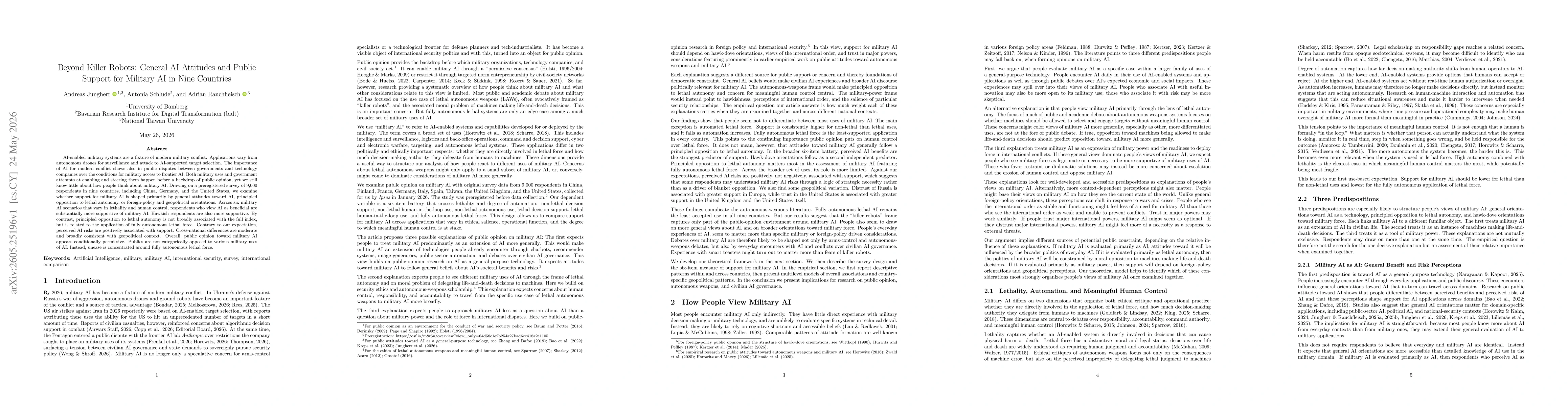 Thumbnail for Beyond Killer Robots: General AI Attitudes and Public Support for Military AI in Nine Countries