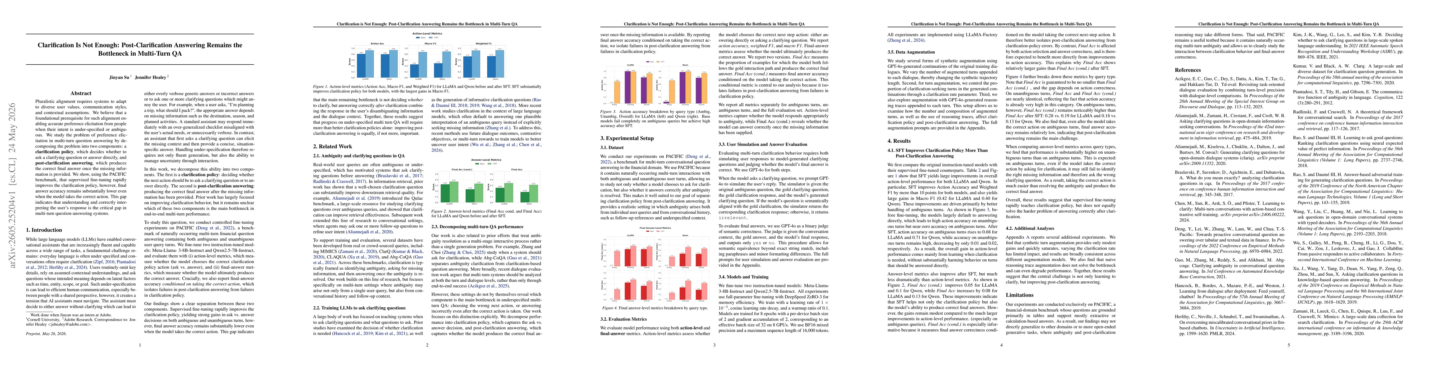Thumbnail for Clarification Is Not Enough: Post-Clarification Answering Remains the Bottleneck in Multi-Turn QA