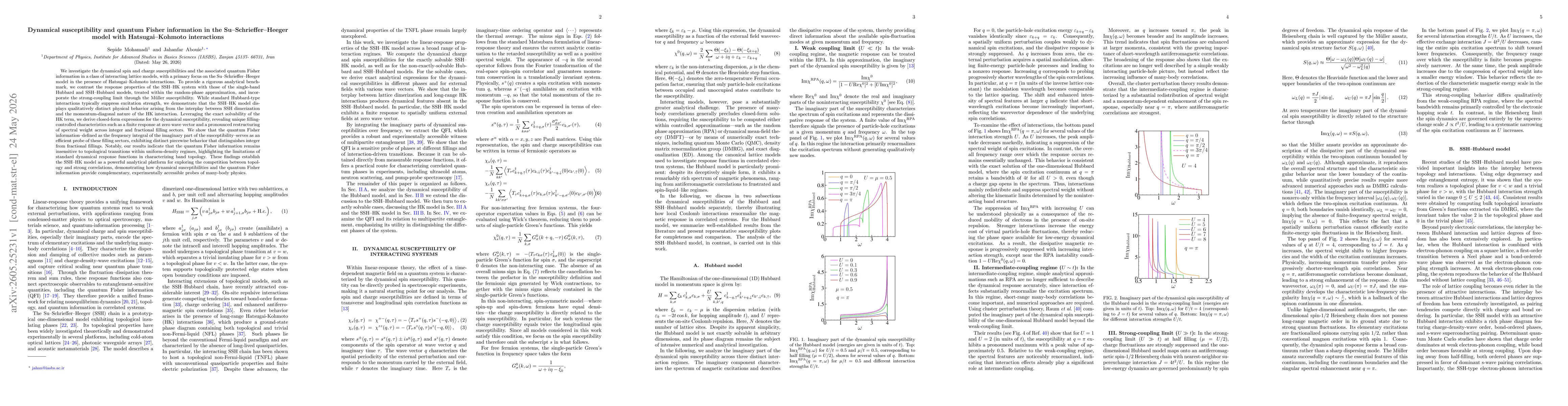 Thumbnail for Dynamical susceptibility and quantum Fisher information in the Su-Schrieffer-Heeger model with Hatsugai-Kohmoto interactions