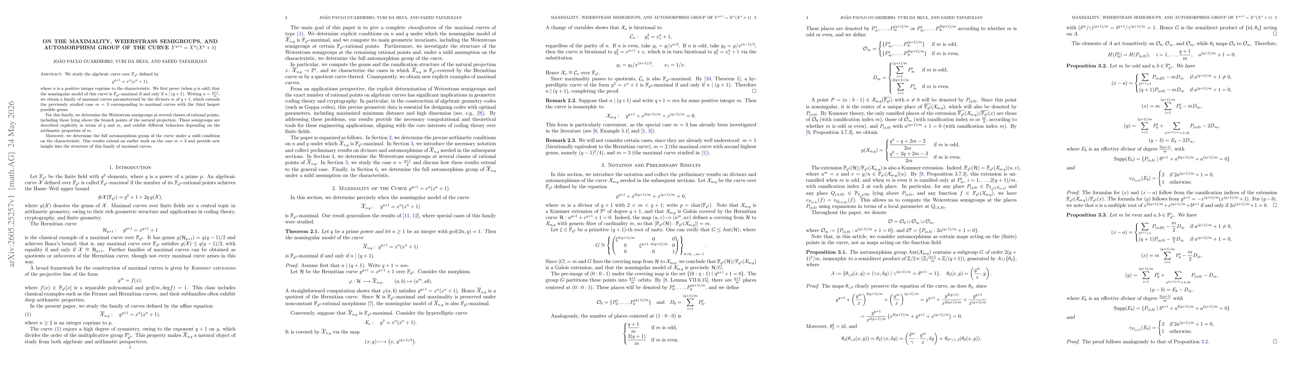 Thumbnail for On the Maximality, Weierstrass Semigroups, and Automorphism Group of the Curve $Y^{q+1} = X^n(X^n + 1)$