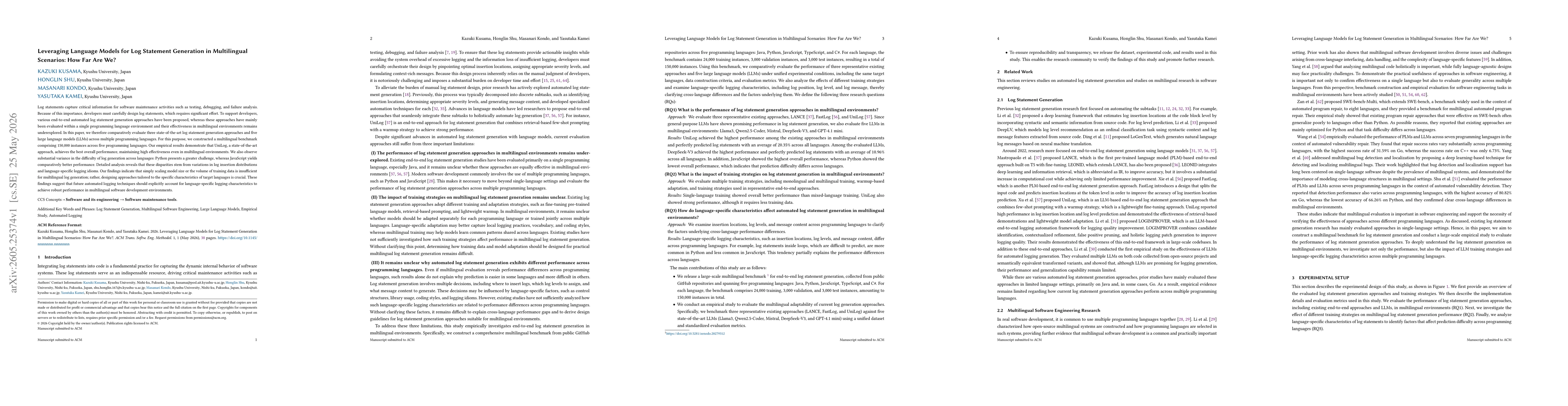 Thumbnail for Leveraging Language Models for Log Statement Generation in Multilingual Scenarios: How Far Are We?