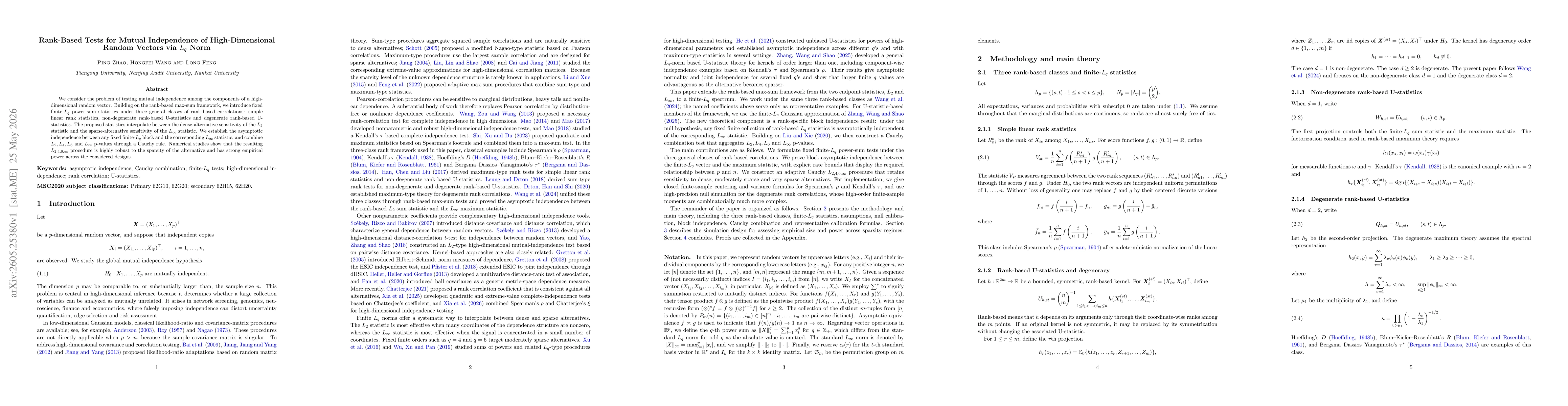Thumbnail for Rank-Based Tests for Mutual Independence of High-Dimensional Random Vectors via $L_q$ Norm