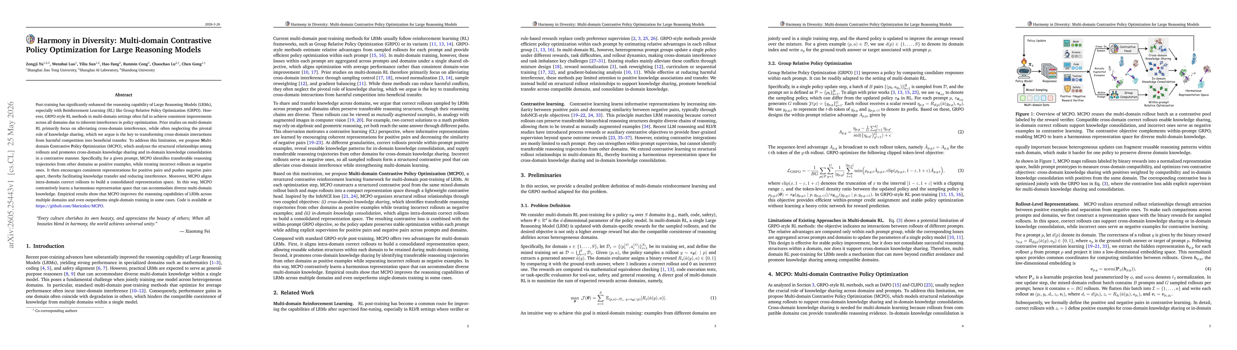 Thumbnail for Harmony in Diversity: Multi-domain Contrastive Policy Optimization for Large Reasoning Models