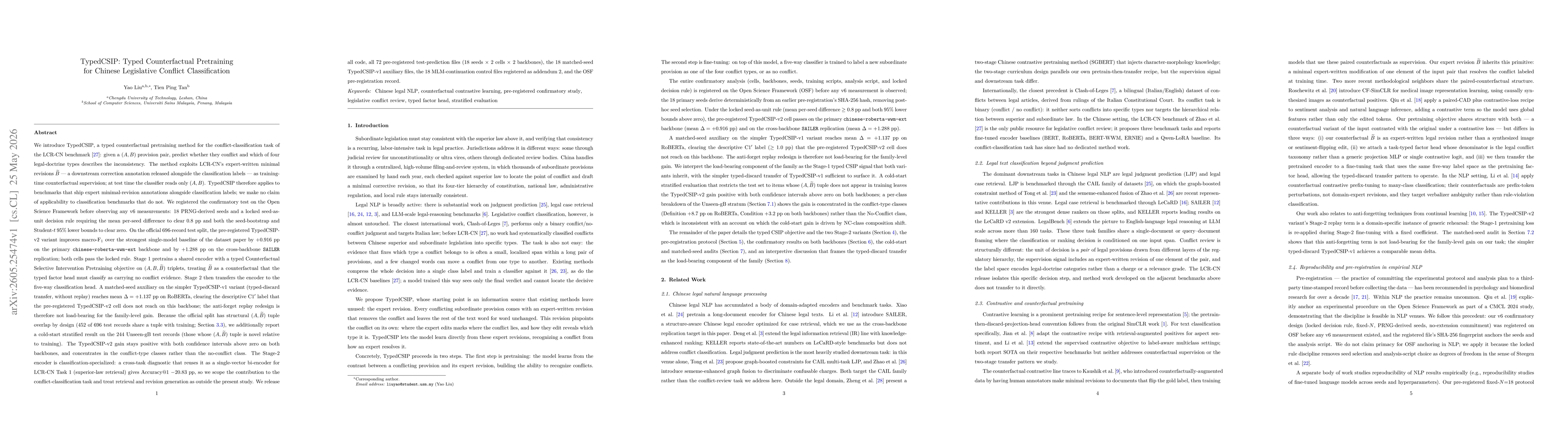 Thumbnail for TypedCSIP: Typed Counterfactual Pretraining for Chinese Legislative Conflict Classification