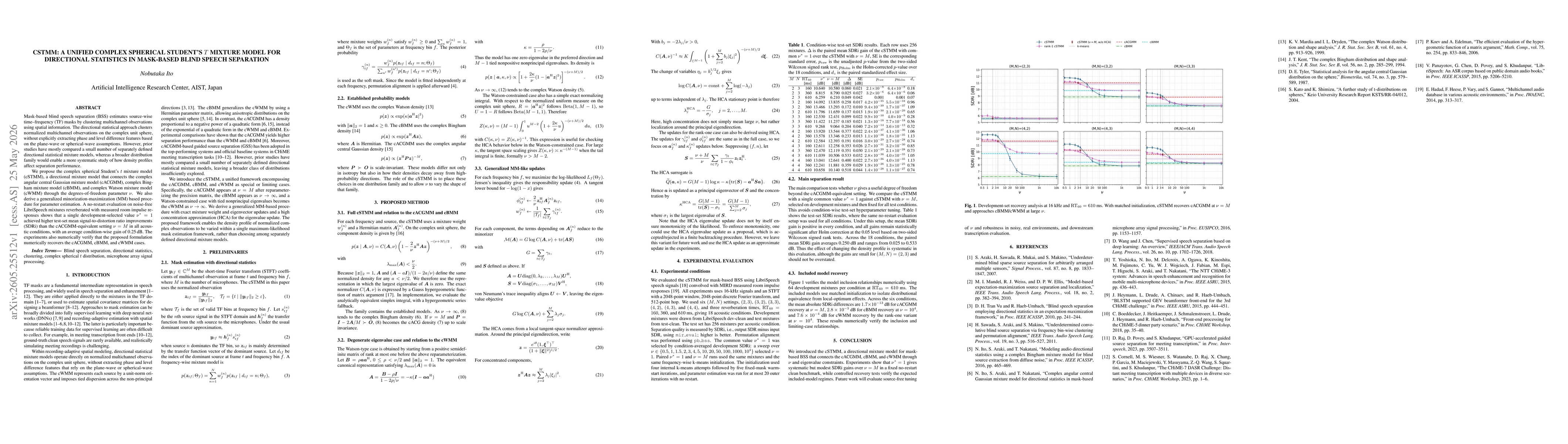 Thumbnail for cSTMM: A Unified Complex Spherical Student's $t$ Mixture Model for Directional Statistics in Mask-Based Blind Speech Separation