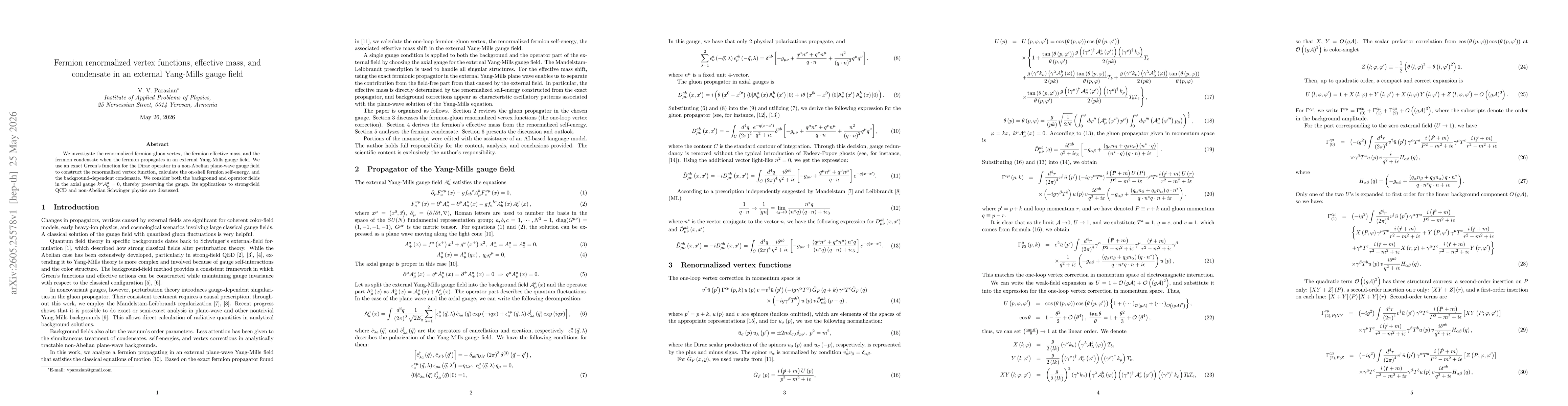 Thumbnail for Fermion renormalized vertex functions, effective mass, and condensate in an external Yang-Mills gauge field