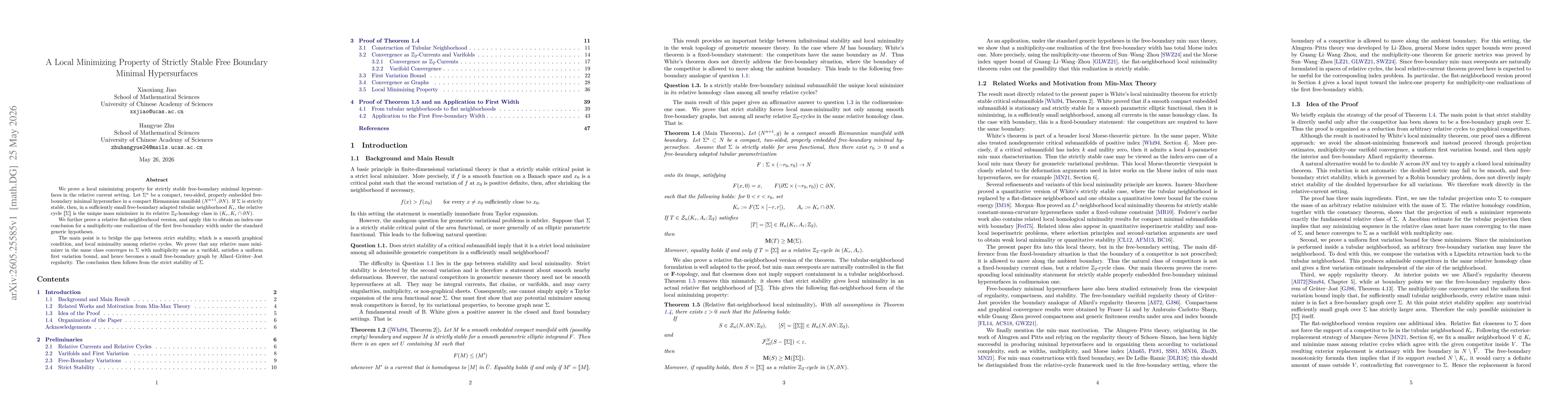 Thumbnail for A Local Minimizing Property of Strictly Stable Free Boundary Minimal Hypersurfaces