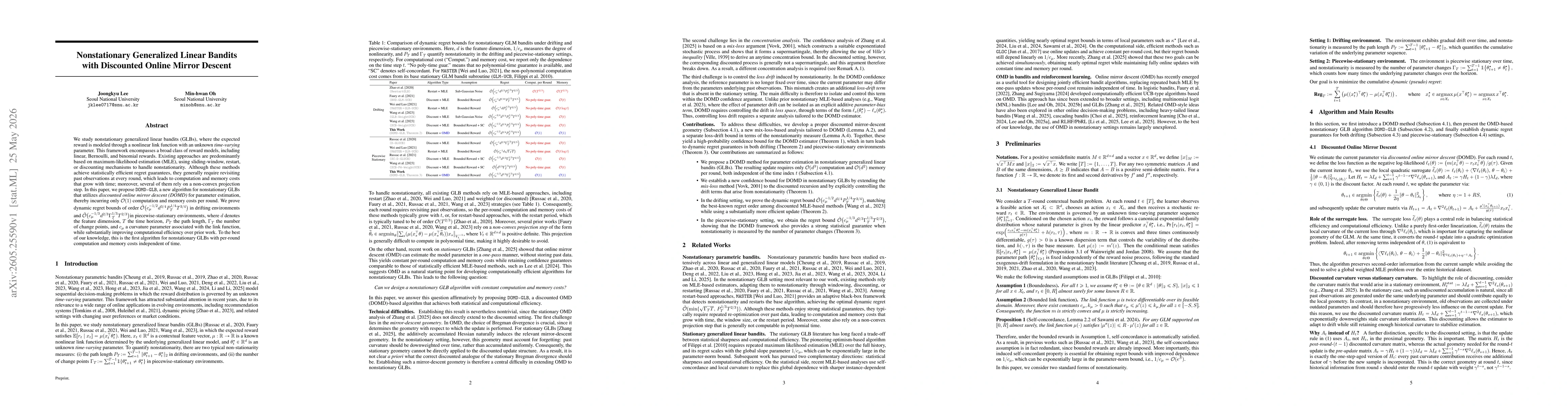 Thumbnail for Nonstationary Generalized Linear Bandits with Discounted Online Mirror Descent