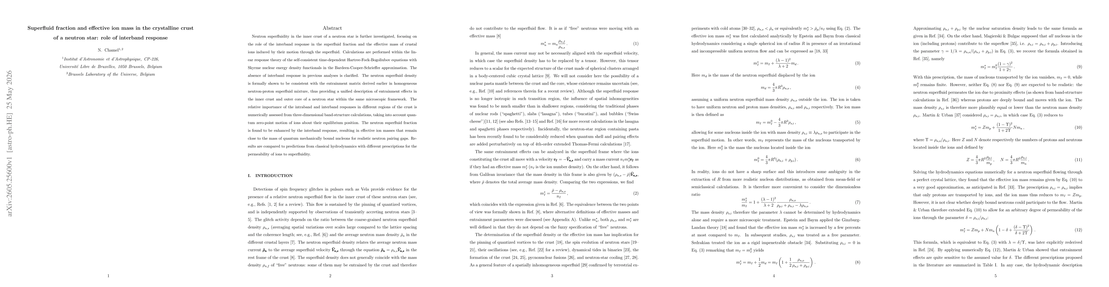 Thumbnail for Superfluid fraction and effective ion mass in the crystalline crust of a neutron star: role of interband response
