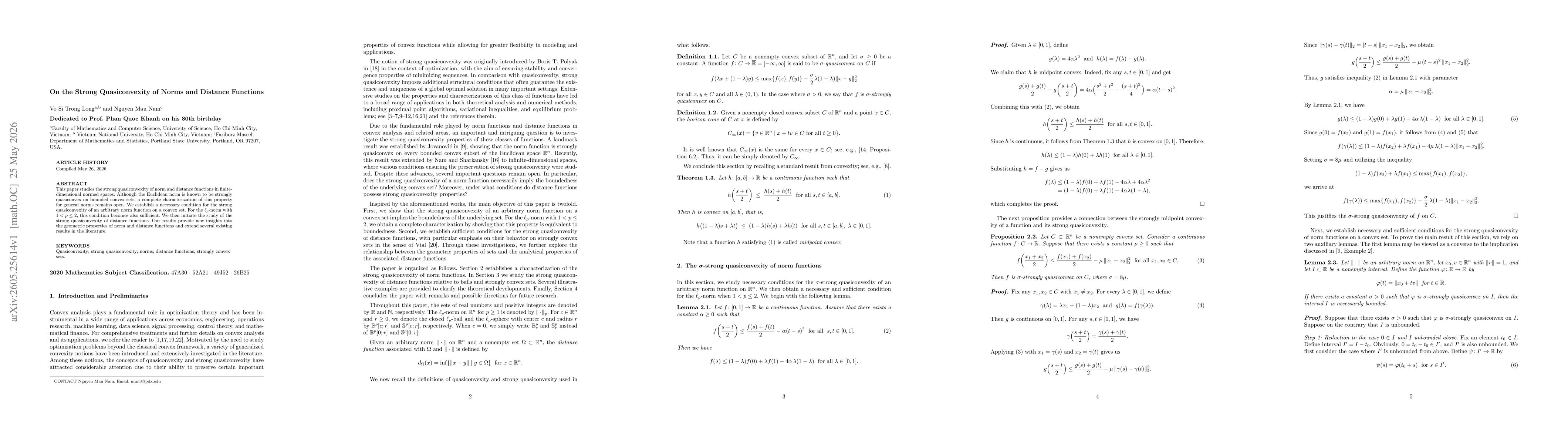 Thumbnail for On the Strong Quasiconvexity of Norms and Distance Functions