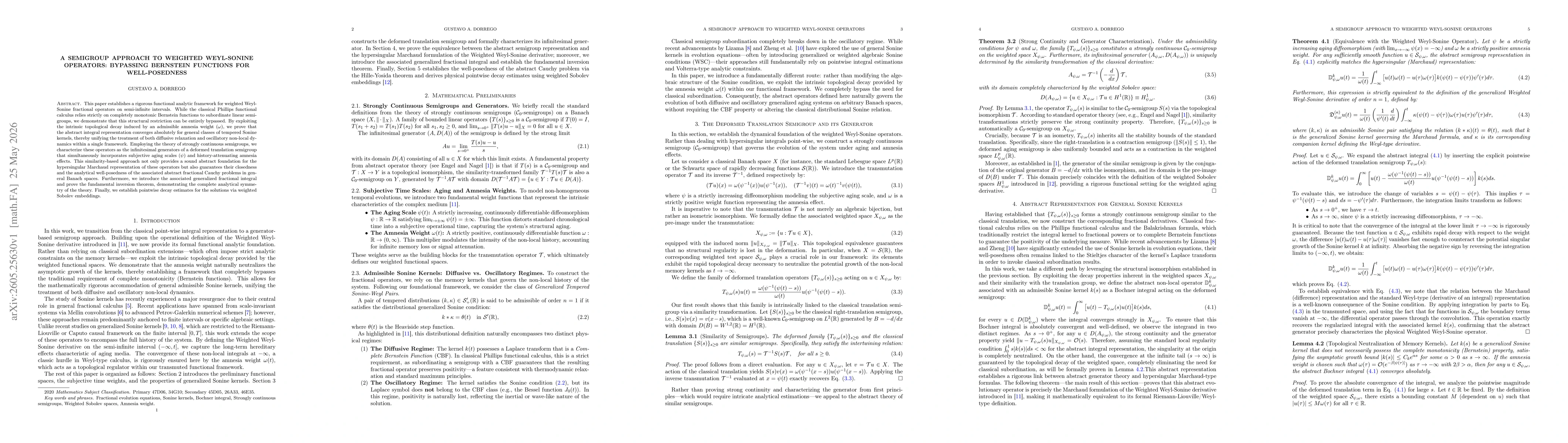 Thumbnail for A Semigroup Approach to Weighted Weyl-Sonine Operators: Bypassing Bernstein Functions for Well-Posedness