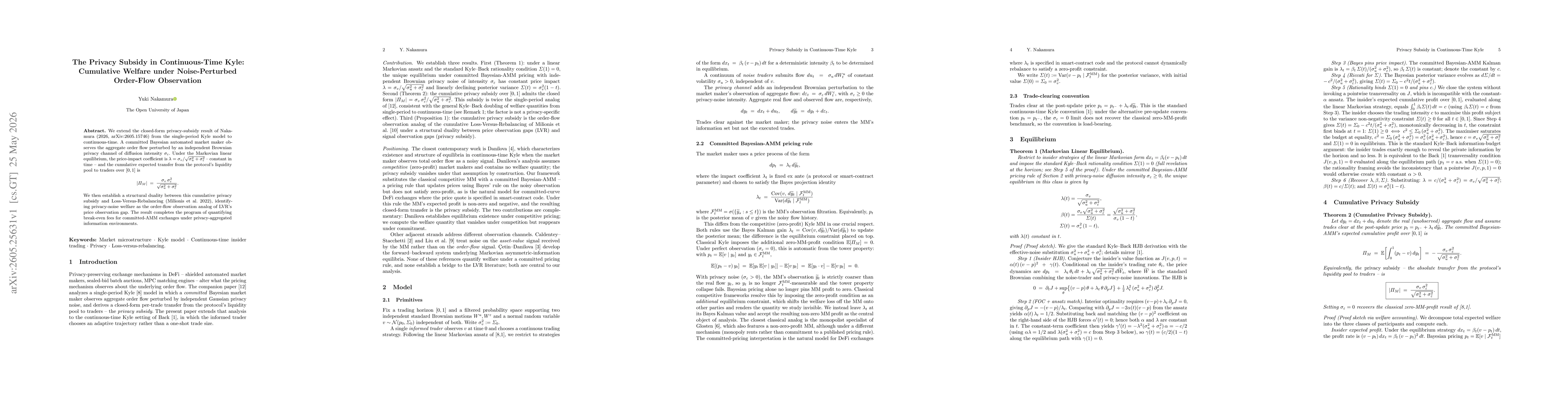 Thumbnail for The Privacy Subsidy in Continuous-Time Kyle: Cumulative Welfare under Noise-Perturbed Order-Flow Observation