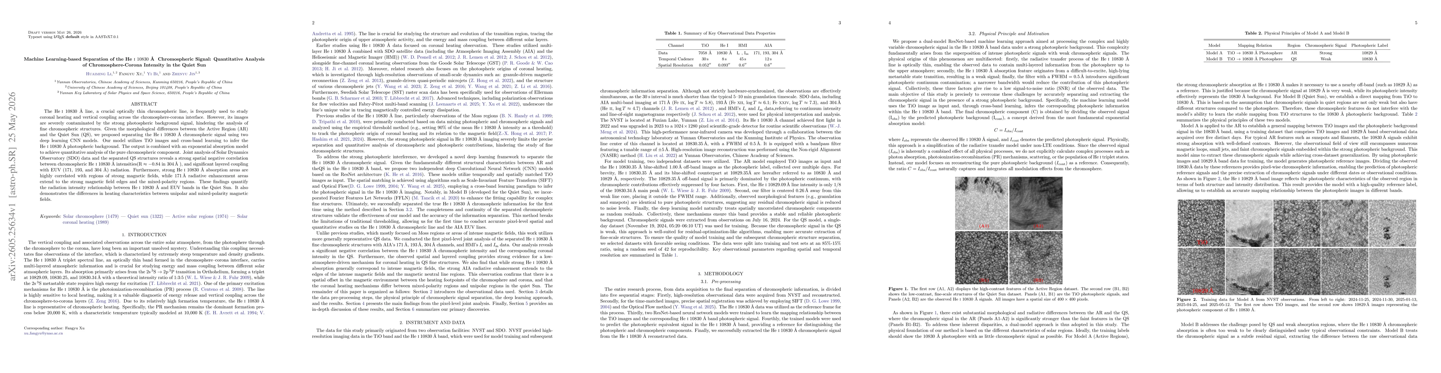 Thumbnail for Machine Learning-based Separation of the He I 10830Å Chromospheric Signal: Quantitative Analysis of Chromosphere-Corona Intensity in the Quiet Sun