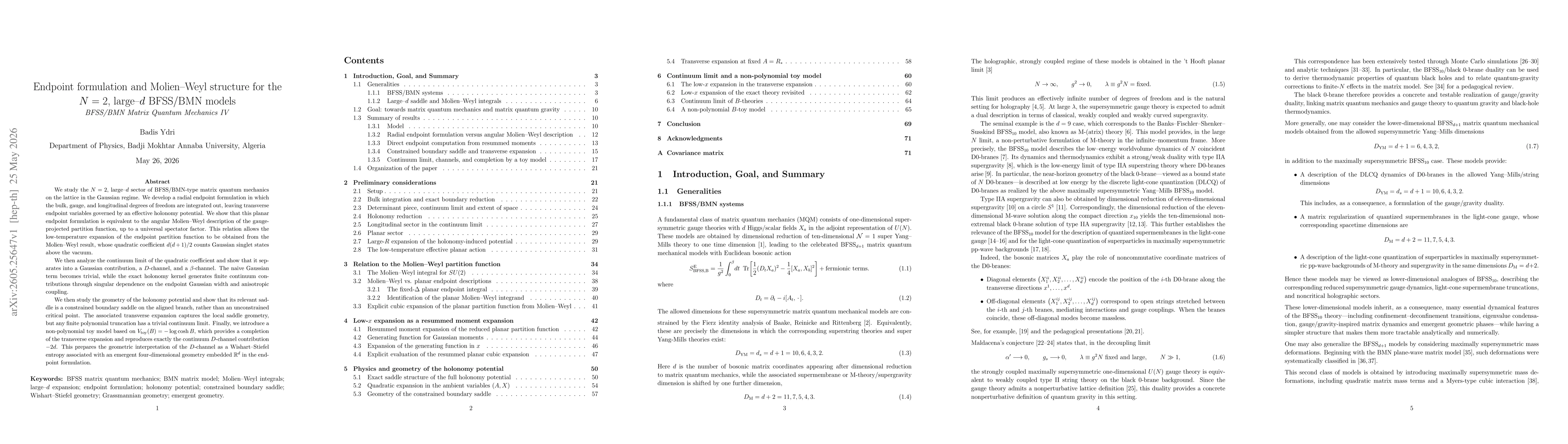 Thumbnail for Endpoint formulation and Molien--Weyl structure for the \(N=2\), large--\(d\) BFSS/BMN models
