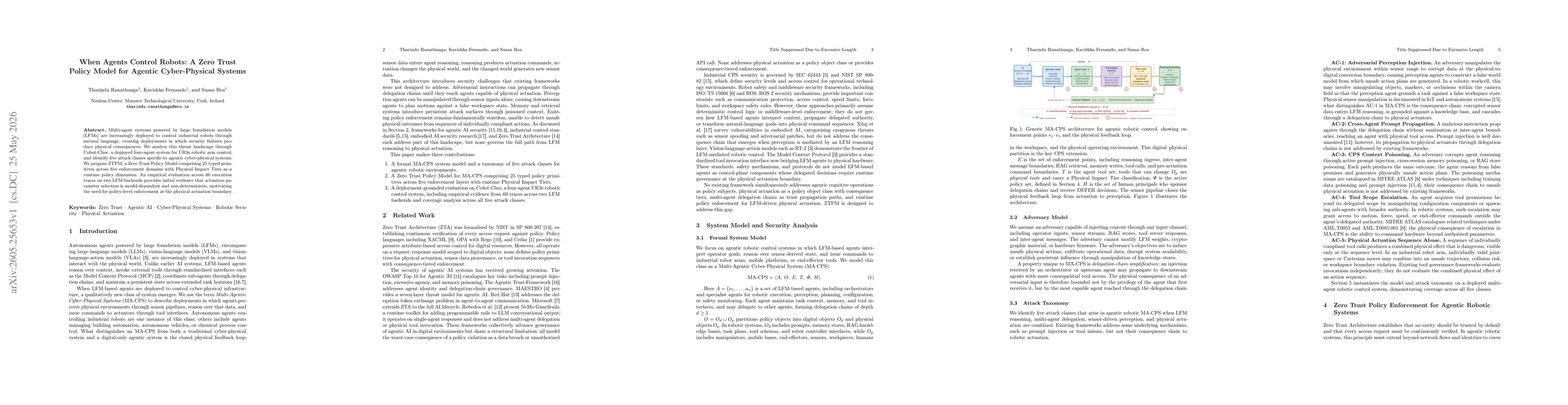 Thumbnail for When Agents Control Robots: A Zero Trust Policy Model for Agentic Cyber-Physical Systems