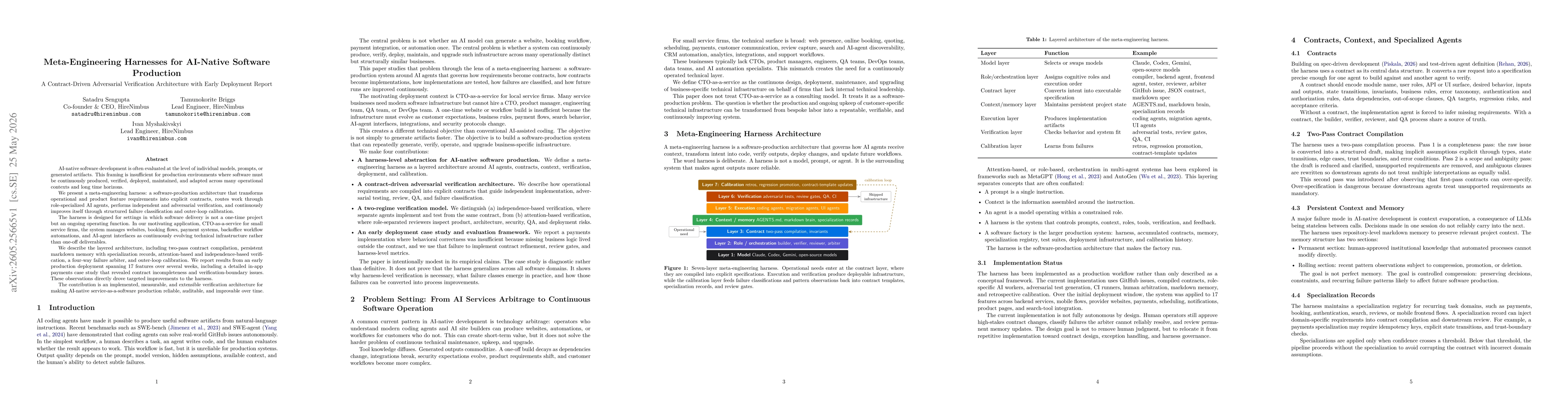 Thumbnail for Meta-Engineering Harnesses for AI-Native Software Production: A Contract-Driven Adversarial Verification Architecture with Early Deployment Report