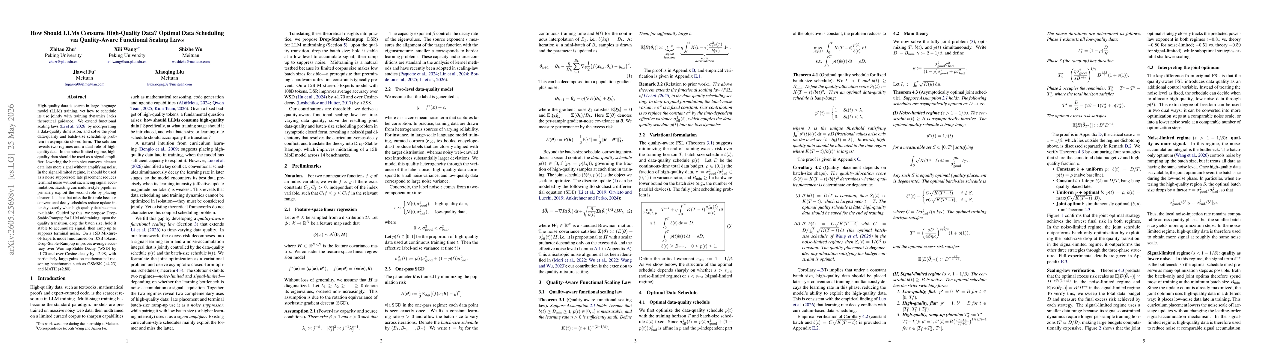 Thumbnail for How Should LLMs Consume High-Quality Data? Optimal Data Scheduling via Quality-Aware Functional Scaling Laws