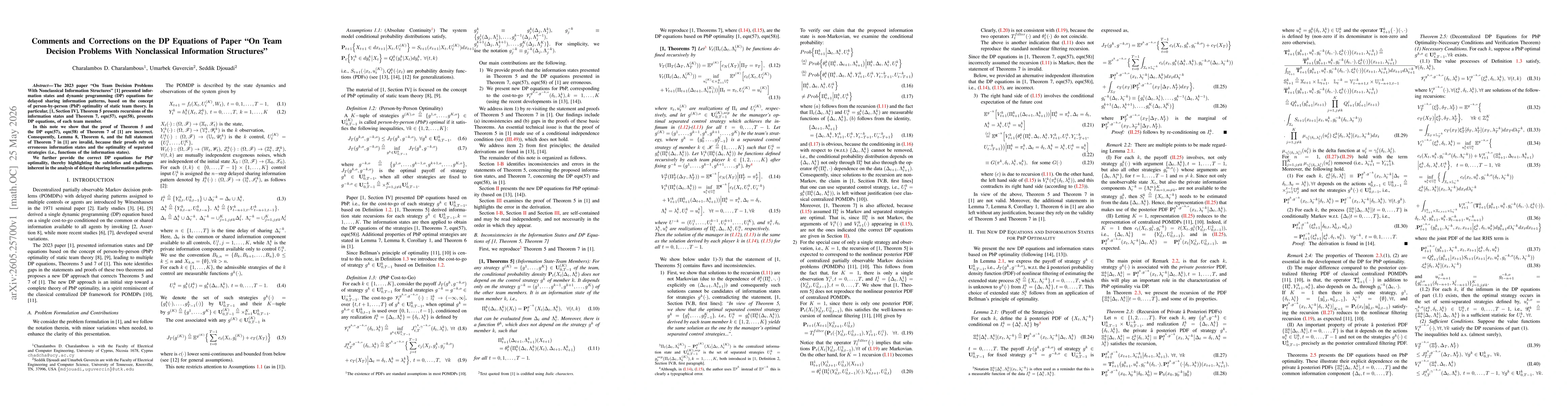 Thumbnail for Comments and Corrections on the DP Equations of Paper "On Team Decision Problems With Nonclassical Information Structures"