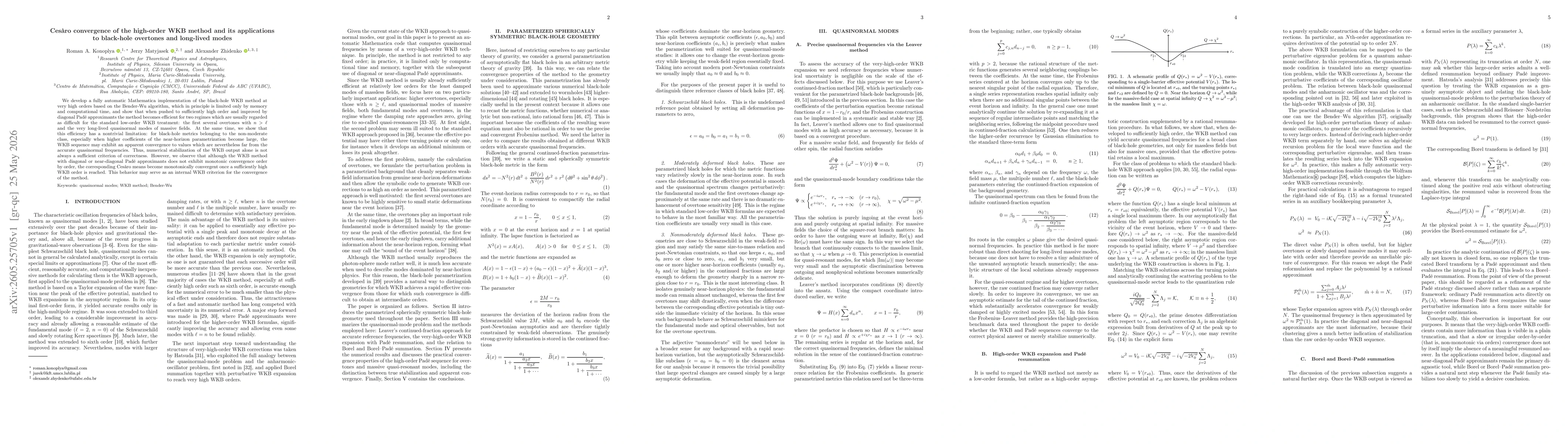 Thumbnail for Cesàro convergence of the high-order WKB method and its applications to black-hole overtones and long-lived modes