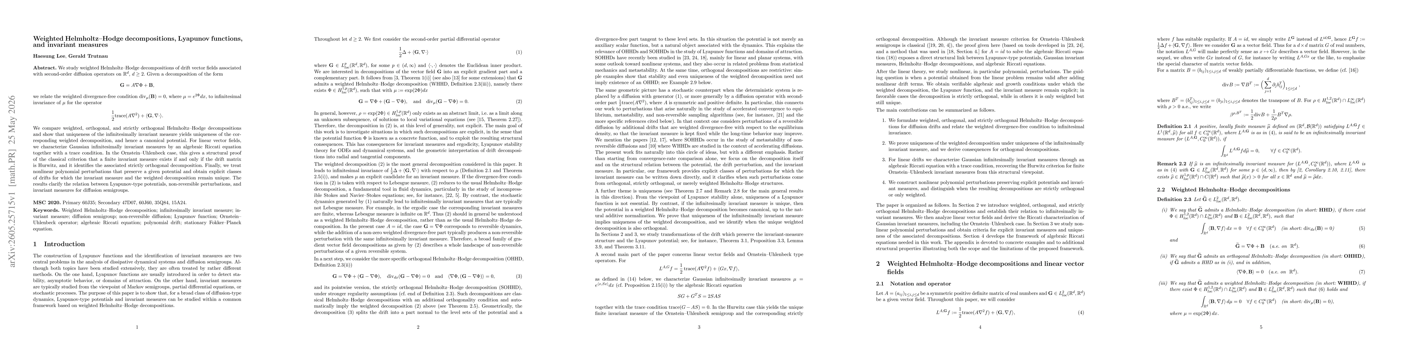 Thumbnail for Weighted Helmholtz--Hodge decompositions, Lyapunov functions, and invariant measures