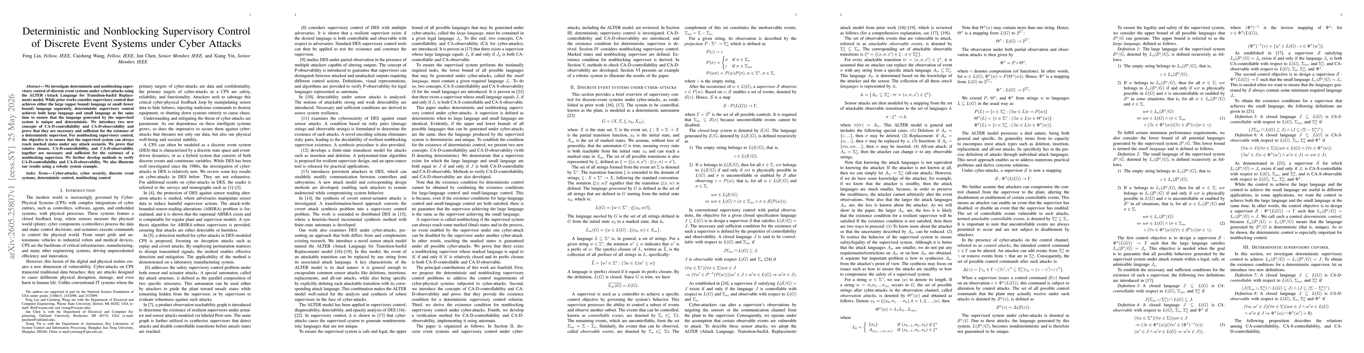 Thumbnail for Deterministic and Nonblocking Supervisory Control of Discrete Event Systems under Cyber Attacks
