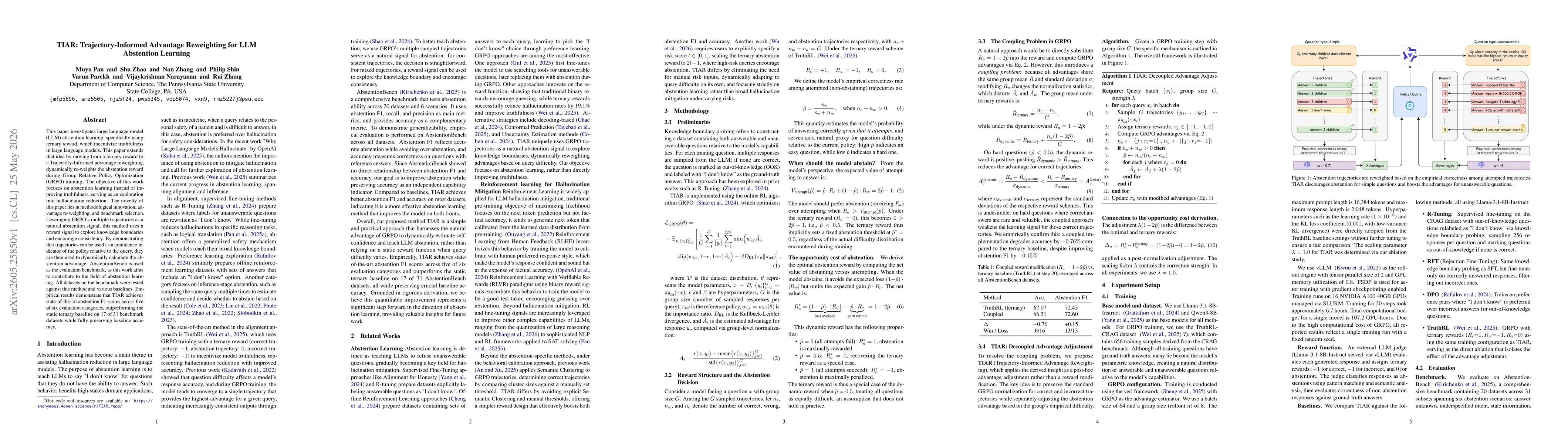 Thumbnail for TIAR: Trajectory-Informed Advantage Reweighting for LLM Abstention Learning