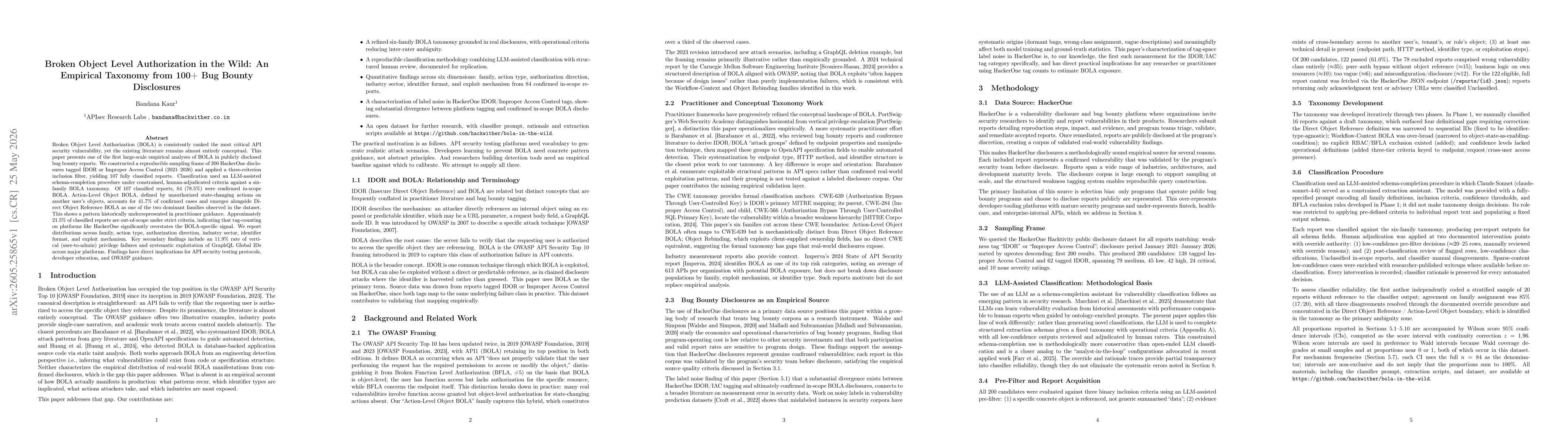 Thumbnail for Broken Object Level Authorization in the Wild: An Empirical Taxonomy from 100+ Bug Bounty Disclosures