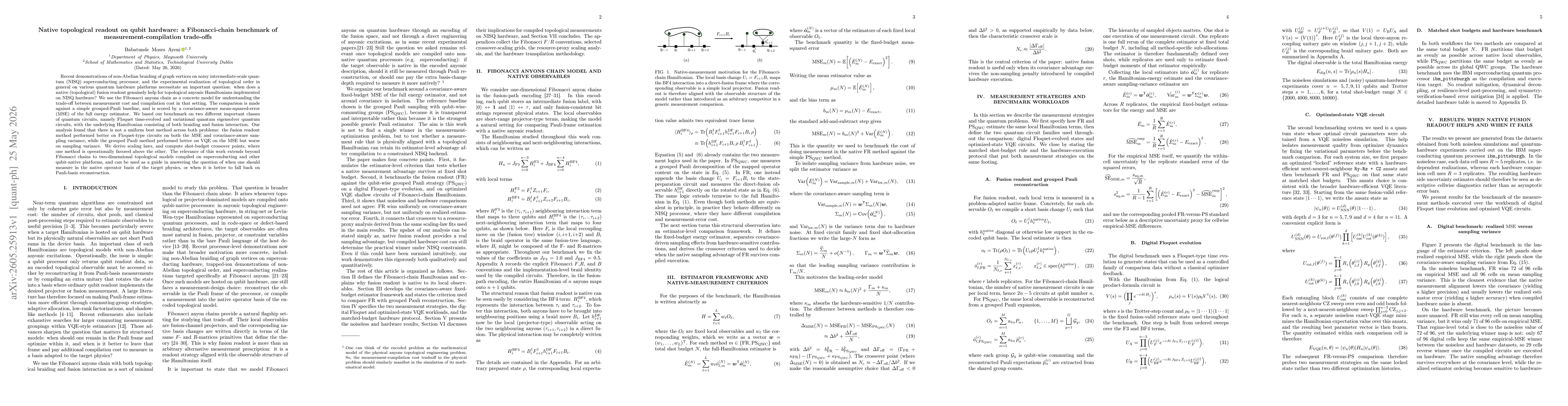 Thumbnail for Native topological readout on qubit hardware: a Fibonacci-chain benchmark of measurement-compilation trade-offs